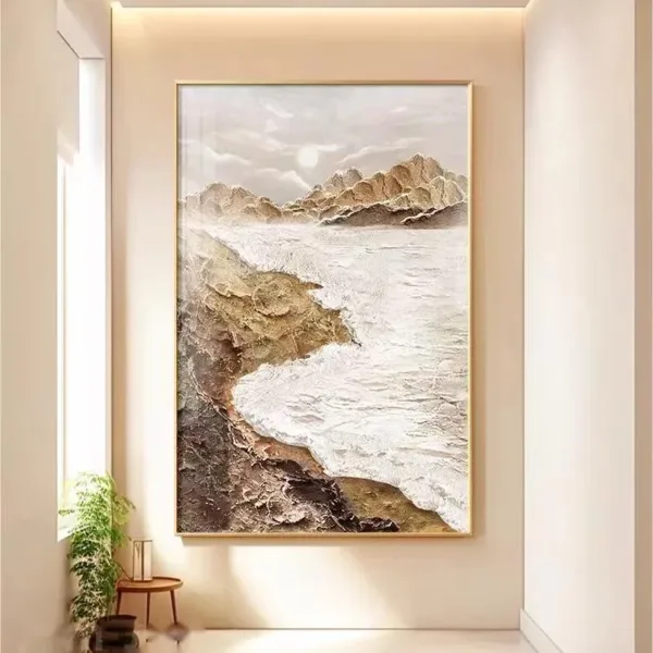 Hand-Painted Shallow Relief Seascape Cliff Oil Painting on Canvas