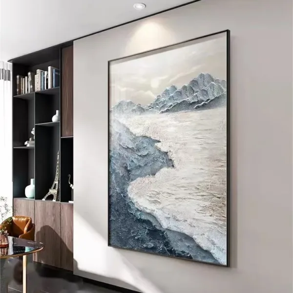 Hand-Painted Shallow Relief Blue Seascape Oil Painting on Canvas