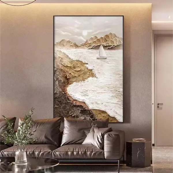 Hand-Painted Shallow Relief Sailboat Seascape Oil Painting