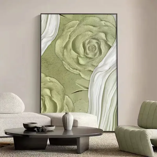 Hand-Painted Shallow Relief Green Rose Oil Painting on Canvas