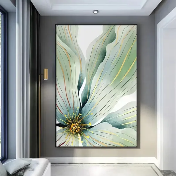 Hand-Painted Shallow Relief Green Leaf Gold Lines Oil Painting