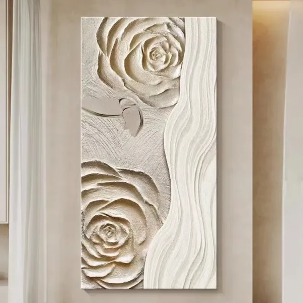 Hand-Painted Shallow Relief White Rose Cream Oil Painting