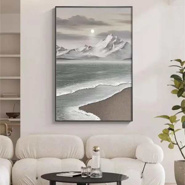 Hand-Painted Shallow Relief Snow Mountain Seascape Oil Painting