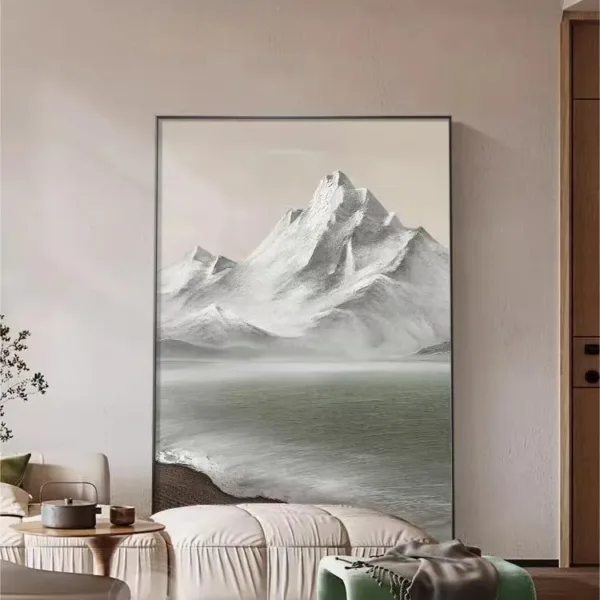 Hand-Painted Shallow Relief Snow Mountain Lake Landscape Art