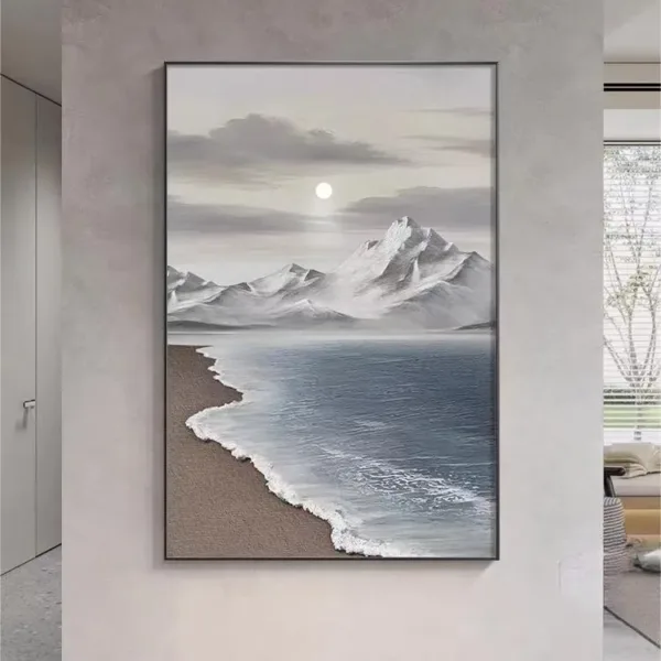 Hand-Painted Shallow Relief Moonlit Mountain Ocean Shore Art