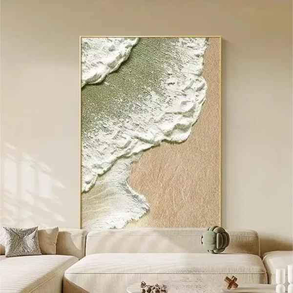 Hand-Painted Shallow Relief Aerial Ocean Shore Green Wave Painting