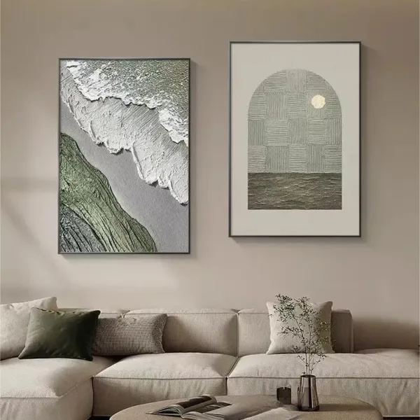 Hand-Painted Shallow Relief Coastal Waves & Moon Arch Diptych Art