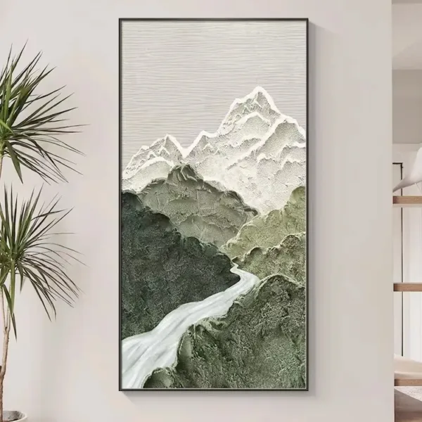 Hand-Painted Shallow Relief Snow Mountain River Valley Oil Painting
