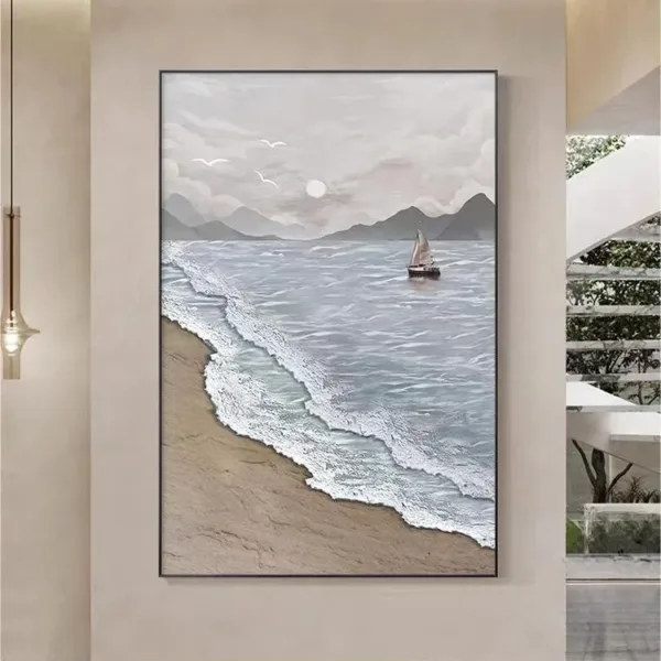 Hand-Painted Shallow Relief Coastal Sailboat Seascape Oil Painting on Canvas