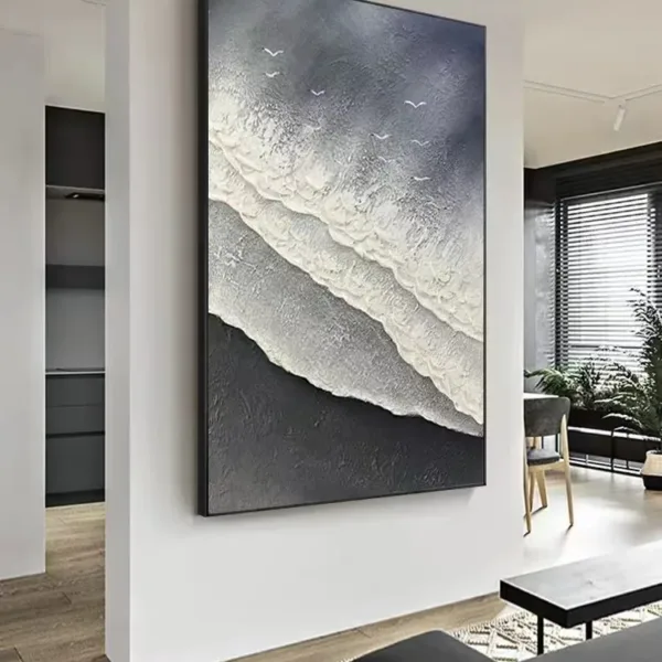 Hand-Painted Shallow Relief Dark Beach Aerial Oil Painting Art