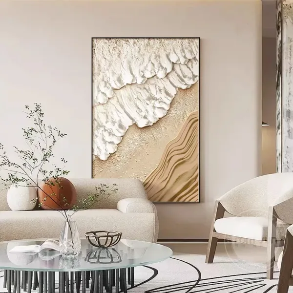 Hand-Painted Shallow Relief Cream Beach Wave Abstract Texture Art