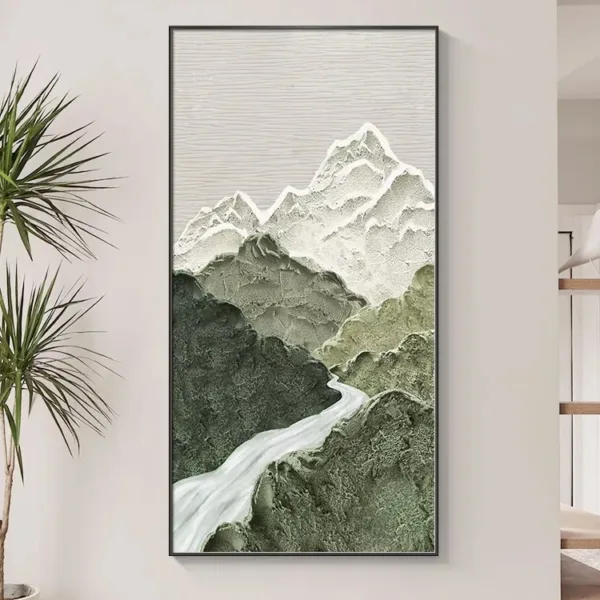 Hand-Painted Shallow Relief Mountain River Landscape Nature Oil Painting