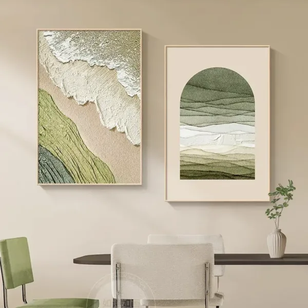 Hand-Painted Shallow Relief Coastal and Green Abstract Diptych Art
