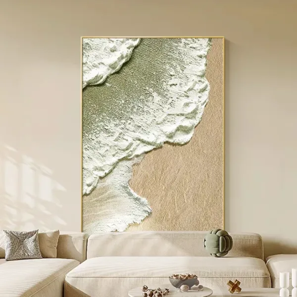 Hand-Painted Shallow Relief Aerial Shore Waves Textured Oil Painting