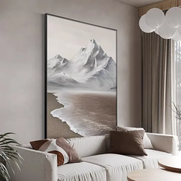 Hand-Painted Shallow Relief Snow Mountain Shore Neutral Landscape Art