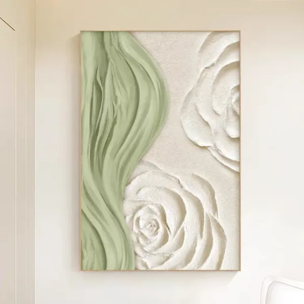 Hand-Painted Shallow Relief Sage Green Ribbon and White Rose Floral Art