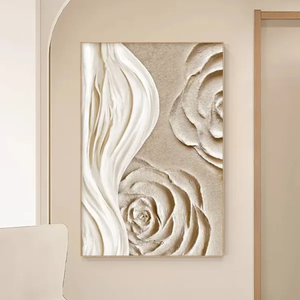 Hand-Painted Shallow Relief Cream Rose and White Silk Ribbon Floral Art