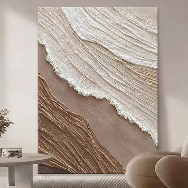 Hand-Painted Shallow Relief Ocean Wave and Sand Brown Cream Textured Art