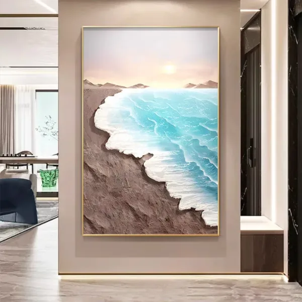 Hand-Painted Shallow Relief Sunset Beach Coastal Seascape Oil Painting