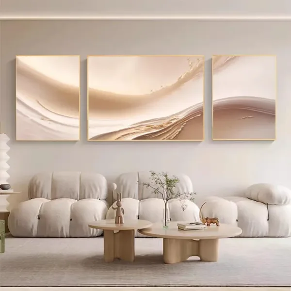 Hand-Painted Shallow Relief Abstract Beige Waves Triptych Modern Wall Art