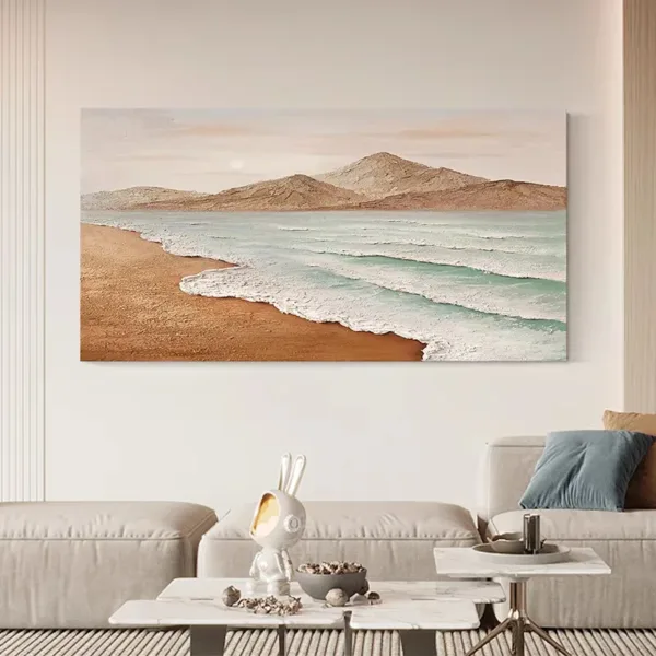 Hand-Painted Shallow Relief Serene Beach Turquoise Waves Coastal Art