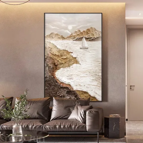 Hand-Painted Shallow Relief Coastal Cliffs Sailboat Seascape Oil Painting