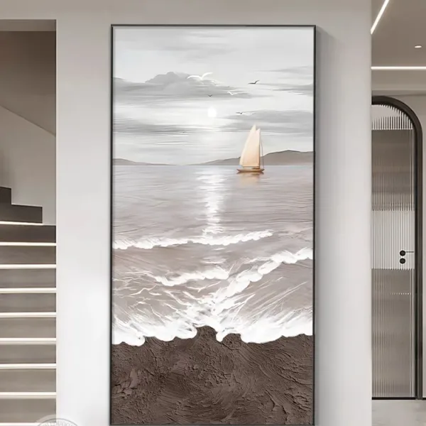 Hand-Painted Shallow Relief Sailboat Waves Mountain Coastal View Oil Painting