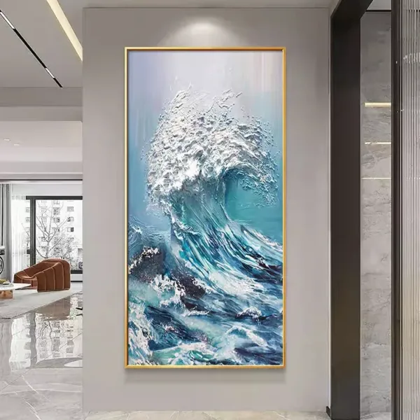 Hand-Painted Shallow Relief Blue Ocean Wave Power Surf Textured Oil Painting