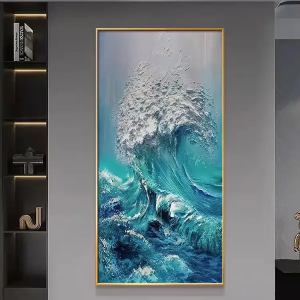 Hand-Painted Shallow Relief Blue Ocean Wave with White Sea Foam Oil Painting