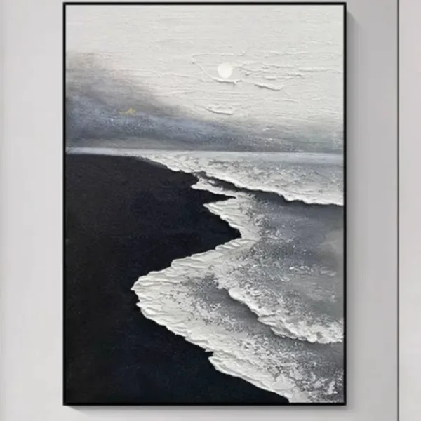 Hand-Painted Shallow Relief Black Beach Moonlit Waves Monochrome Oil Painting