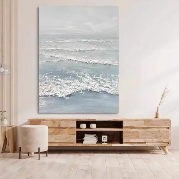 Hand-Painted Shallow Relief Soft Blue Sea Foam Gentle Waves Coastal Oil Painting