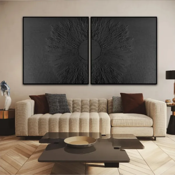 Hand-Painted Shallow Relief Black Sunburst Diptych Abstract Oil Painting