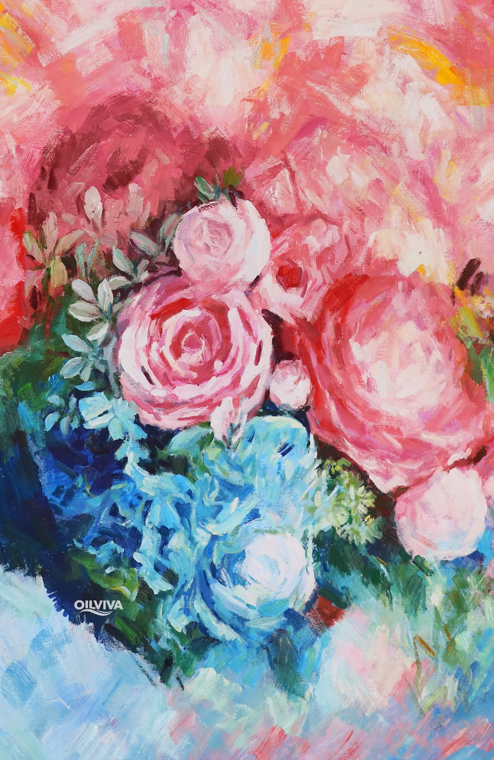OilViva Pink Roses Hydrangea Oil Painting | Romantic Floral Canvas