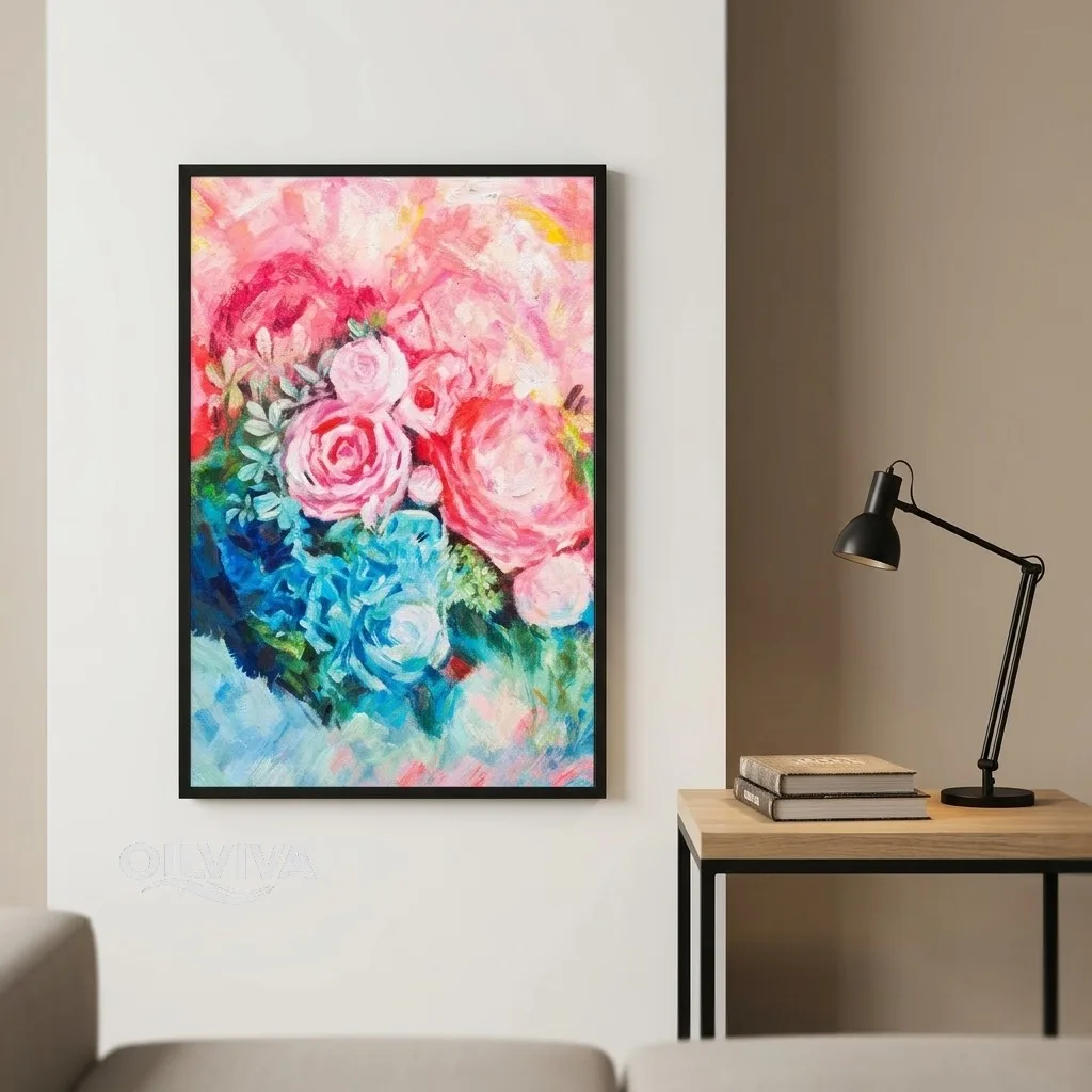 OilViva Pink Roses Hydrangea Oil Painting | Romantic Floral Canvas - Image 2