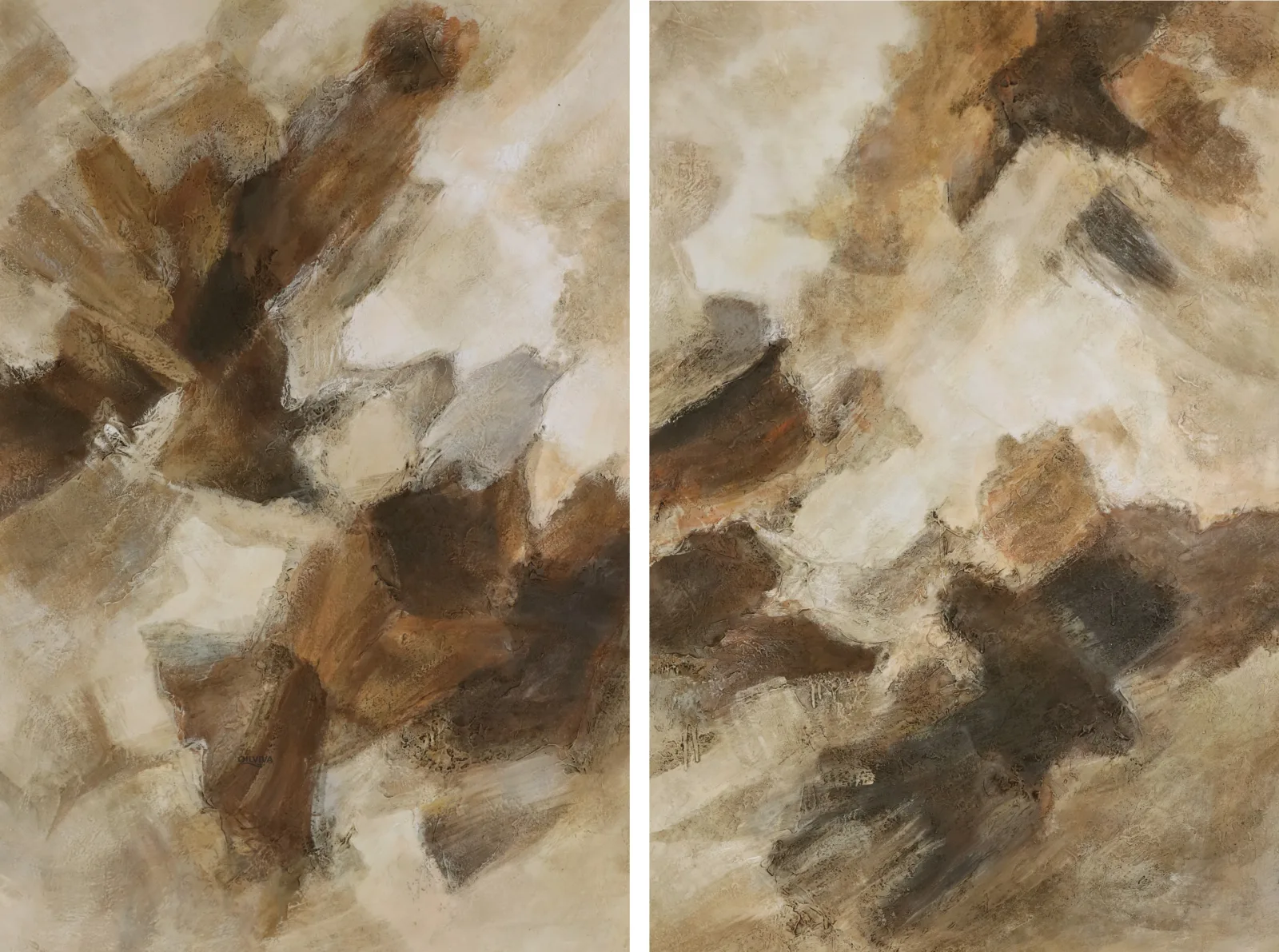 OilViva Earthy Abstract Diptych Shallow Relief Oil Painting - Hand-Painted Organic Wall Art