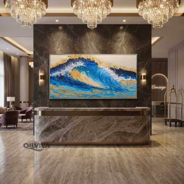 OilViva Textured Turquoise Ocean Wave Oil Painting with Gold Accents – Hand-Painted Relief Seascape
