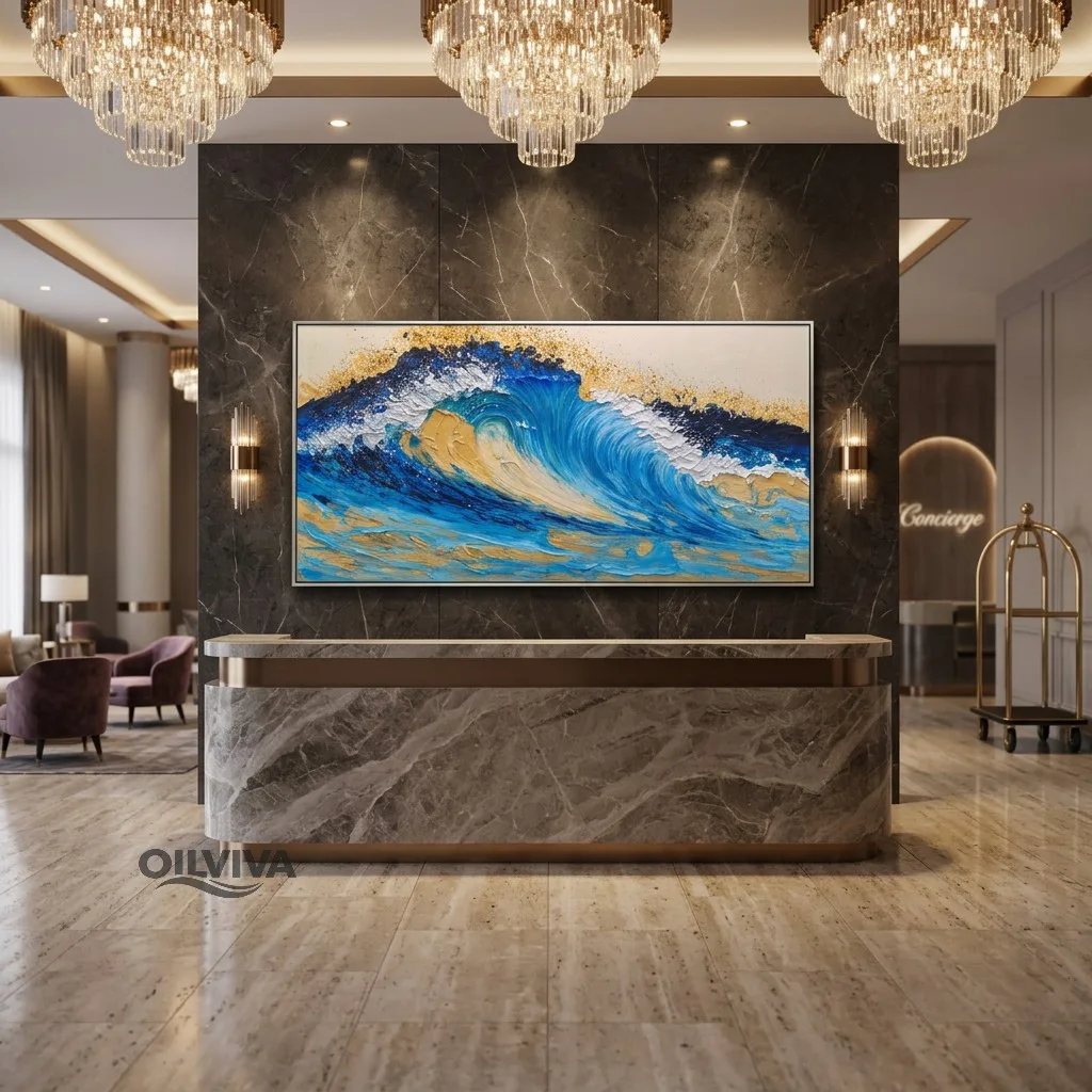 OilViva Textured Turquoise Ocean Wave Oil Painting with Gold Accents - Hand-Painted Relief Seascape - Image 2