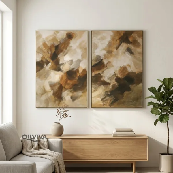 OilViva Earthy Abstract Diptych Shallow Relief Oil Painting – Hand-Painted Organic Wall Art