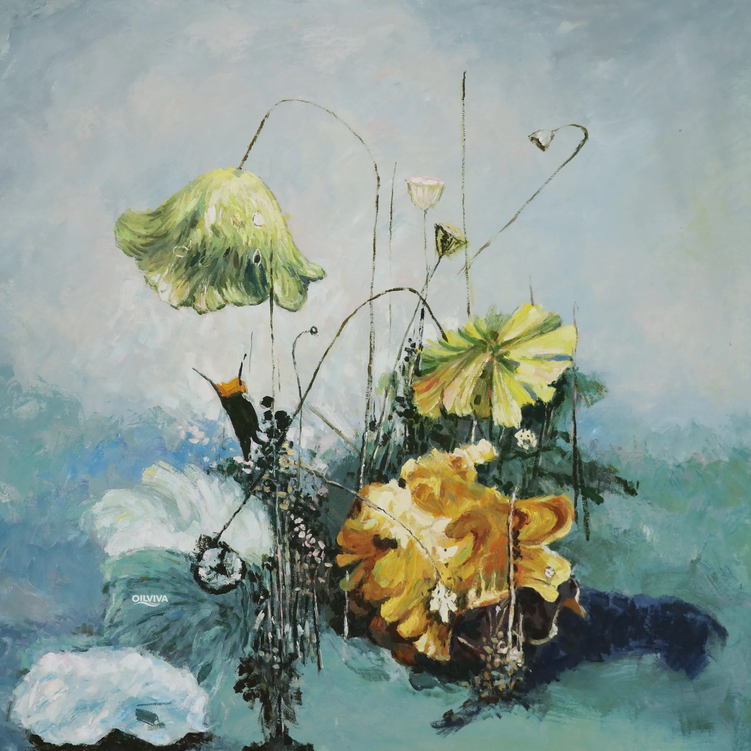 OilViva Lotus Pond Oil Painting | Gold Leaf Zen Botanical Art