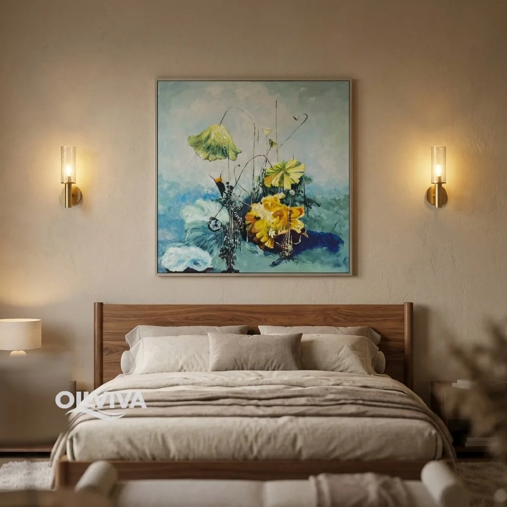 OilViva Lotus Pond Oil Painting | Gold Leaf Zen Botanical Art - Image 2