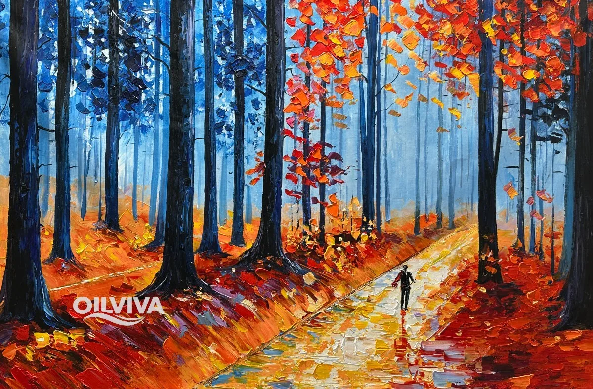 OilViva Autumn Forest Path Oil Painting | Impasto Fall Landscape Wall Art