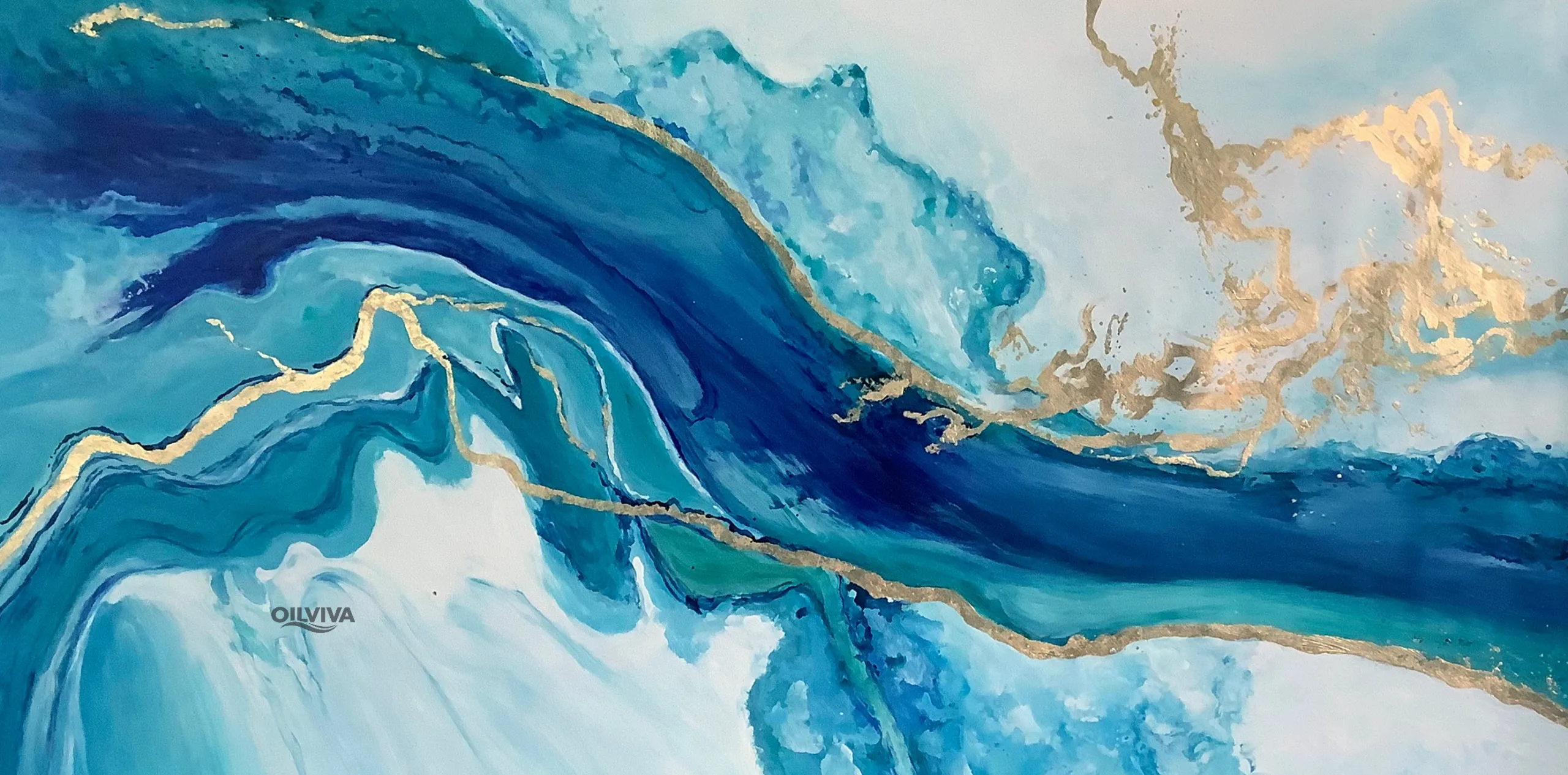 OilViva Blue & Gold Abstract Fluid Art Oil Painting - Hand-Painted Ocean Inspired Canvas
