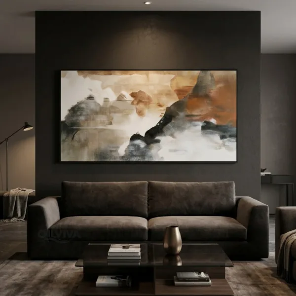 OilViva Misty Mountain Lake Oil Painting in Warm Earth Tones – Hand-Painted Relief Landscape