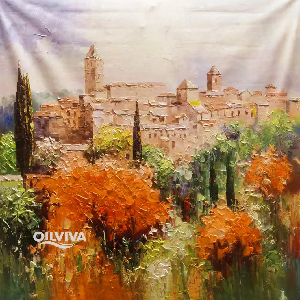 OilViva Mediterranean Hilltop Village Oil Painting | Impasto Tuscany Landscape