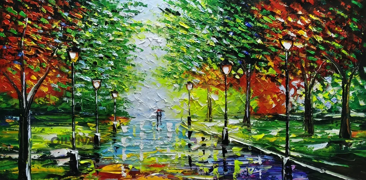 OilViva Tree-Lined Park Avenue Oil Painting with Street Lamps - Hand-Painted Impasto Landscape