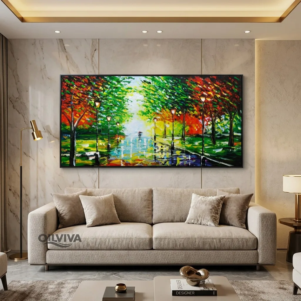 OilViva Tree-Lined Park Avenue Oil Painting with Street Lamps - Hand-Painted Impasto Landscape - Image 2