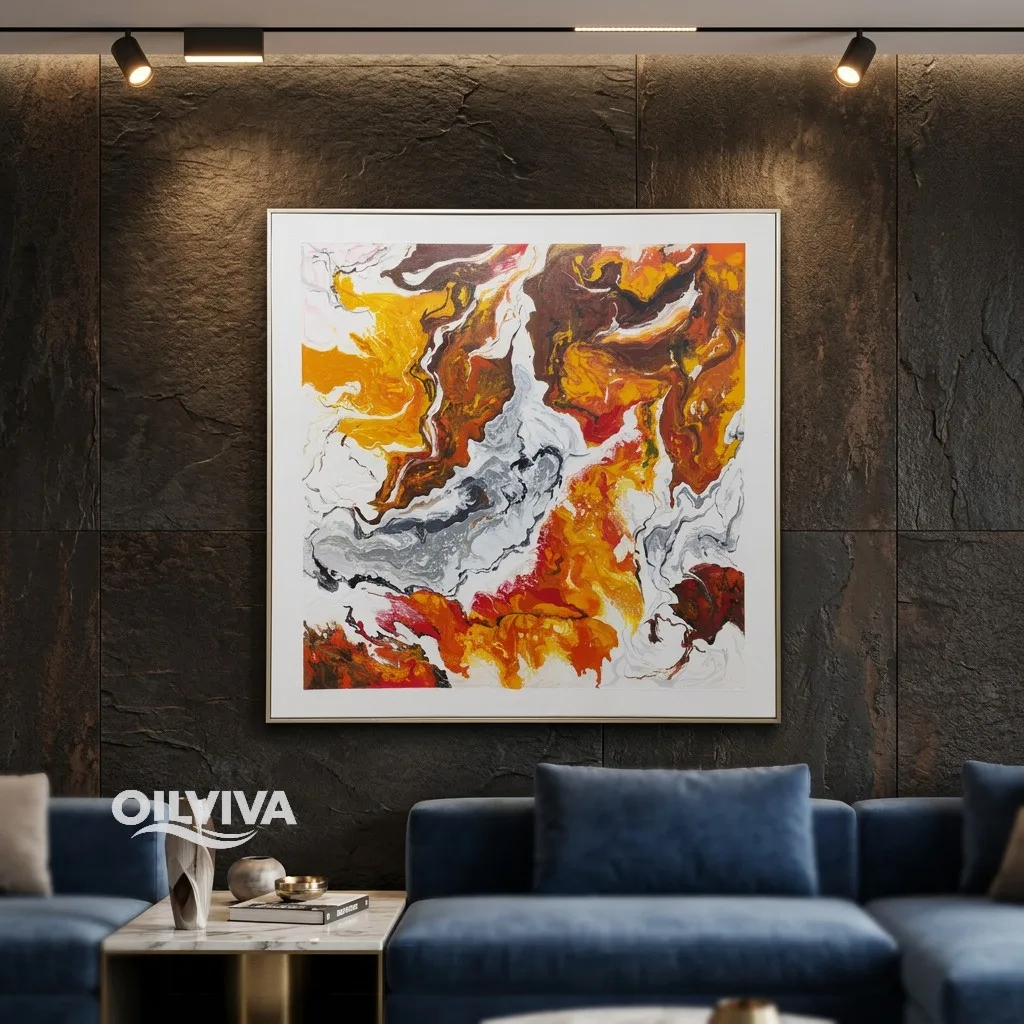 OilViva Orange Abstract Fluid Art Oil Painting | Earth Tone Pour Canvas - Image 2