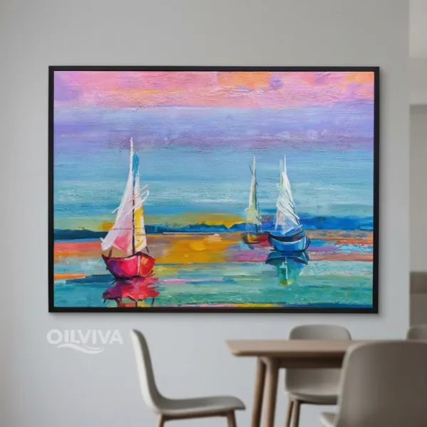 OilViva Sailboats Seascape Oil Painting | Pink Sky Impasto Coastal Art
