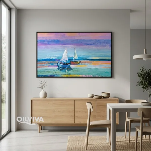 OilViva Sailboats Twilight Seascape Oil Painting | Purple Sky Maritime Art