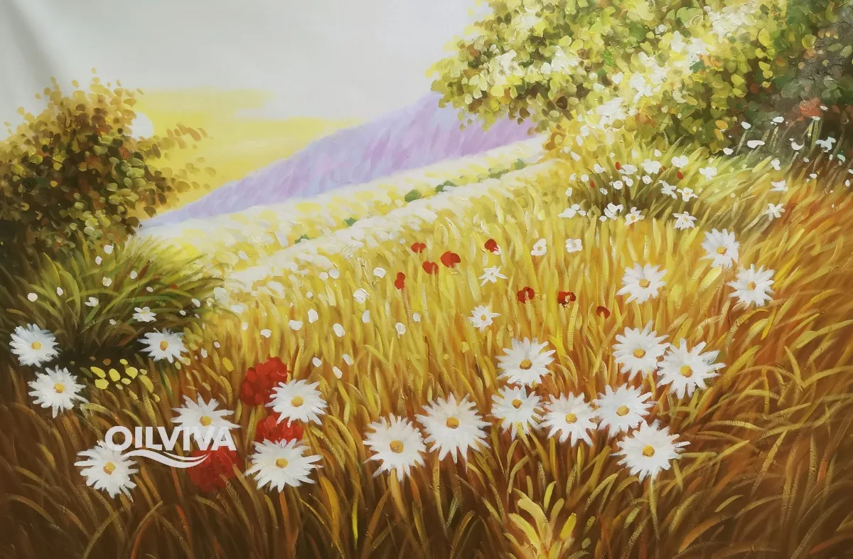 OilViva Daisy Poppy Meadow Oil Painting | Golden Field Landscape Art